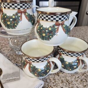 MacKenzie-Childs Holiday Wreath Check Mugs